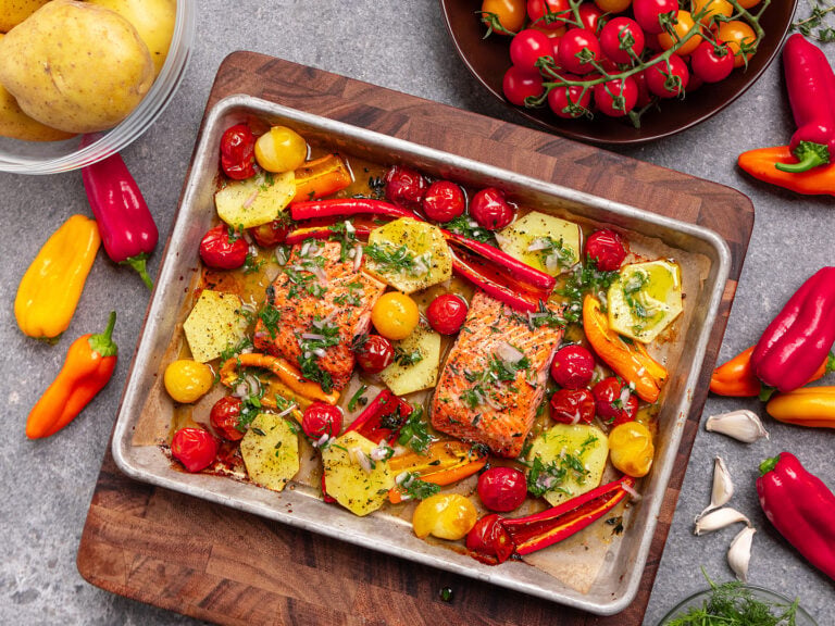 Roasted Tomato Tray Baked Salmon